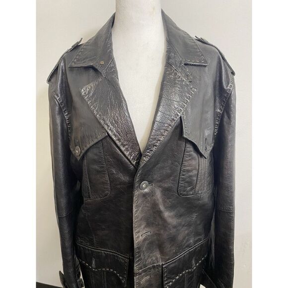 Vintage Mens Faconnable Soft Leather Flight Jacket Coat Black Medium Stitching - Picture 2 of 16